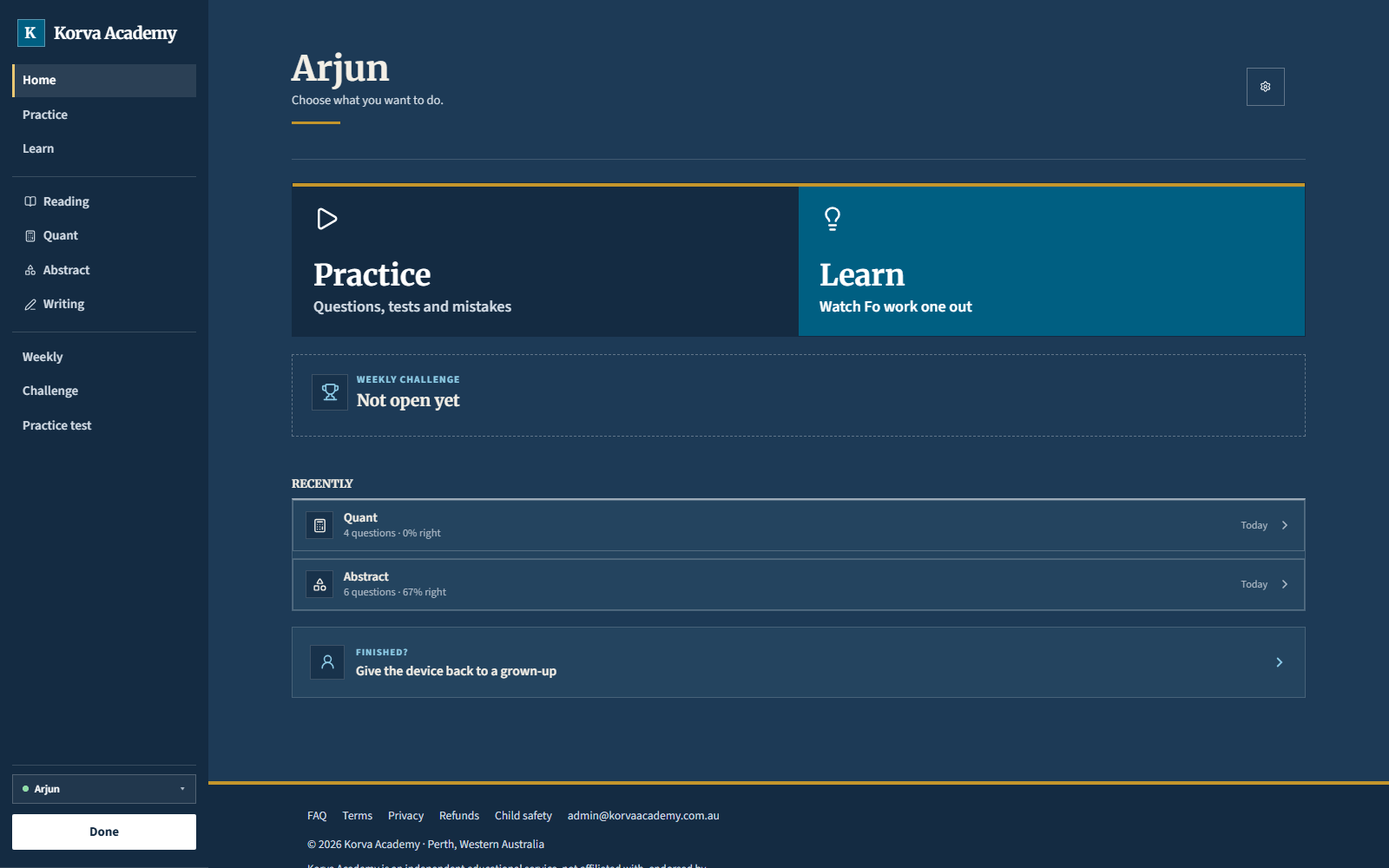 The Korva child home page, with Practice and Learn and the recent sittings.