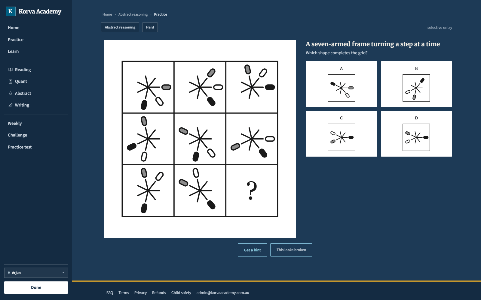 A Korva abstract reasoning practice question: a three-by-three pattern grid with one empty box and four answer options.