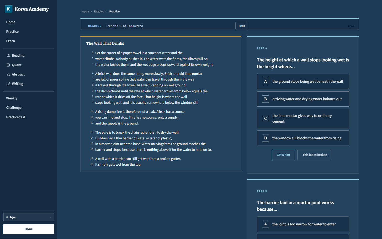 A Korva reading practice screen, with a numbered passage and its questions.